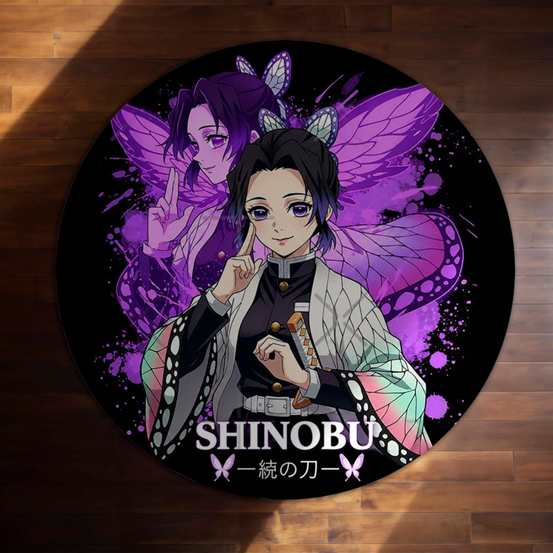 Shinobu Kocho Round Rug | Demon Slayer Inspired Floor Mat | Anime Anti-Slip 3 mm Absorbent Circle Rug for Bedroom, Gaming Room & Otaku Decor