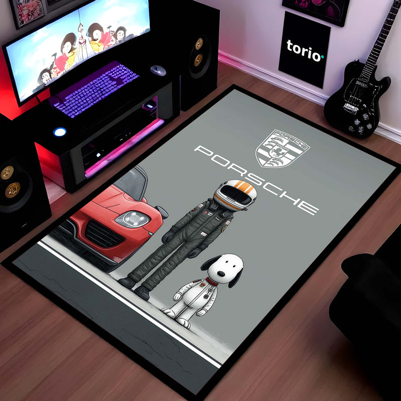 Porsche Sports Car & Snoopy Racing Area Flat Rug | Motorsport Driver & Snoopy Inspired Area Flat Rug | Premium Racing Garage Room Floor Decor