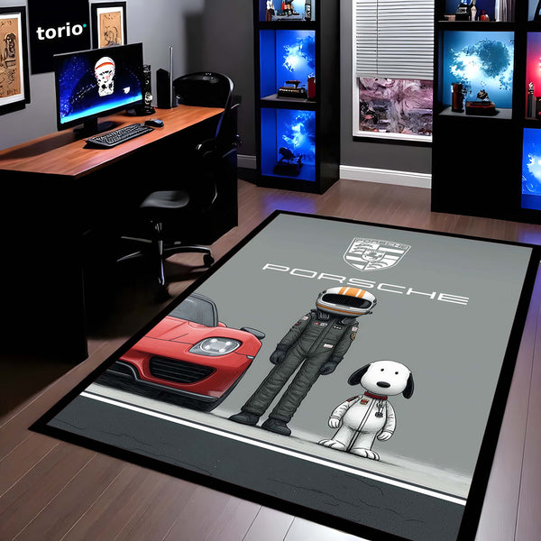 Porsche Sports Car & Snoopy Racing Area Flat Rug | Motorsport Driver & Snoopy Inspired Area Flat Rug | Premium Racing Garage Room Floor Decor