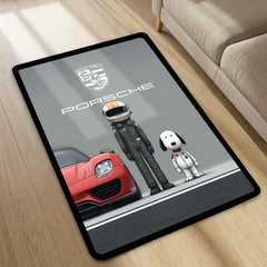 Porsche Sports Car & Snoopy Racing Area Flat Rug | Motorsport Driver & Snoopy Inspired Area Flat Rug | Premium Racing Garage Room Floor Decor