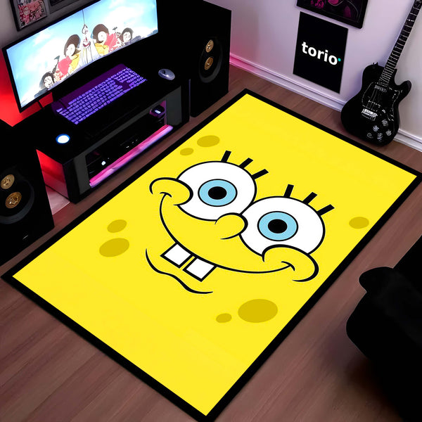 SpongeBob SquarePants Smiley Face Area Flat Rug | Minimal Cartoon Character Area Flat Rug | Premium Cartoon Bedroom & Gaming Room Floor Decor
