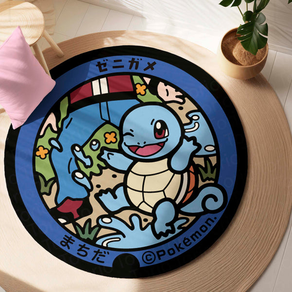 Squirtle Round Rug | Cute Pokémon Water-Type Character Floor Mat | Anti-Slip 3 mm Absorbent Circle Rug for Bedroom, Gaming Room & Kids Room
