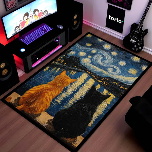 Starry Night Cats Area Rug | Van Gogh Inspired Cat Floor Mat | Aesthetic Art Rug for Bedroom, Living Room & Home Decor