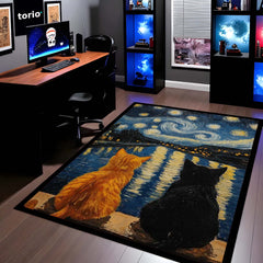 Starry Night Cats Area Rug | Van Gogh Inspired Cat Floor Mat | Aesthetic Art Rug for Bedroom, Living Room & Home Decor