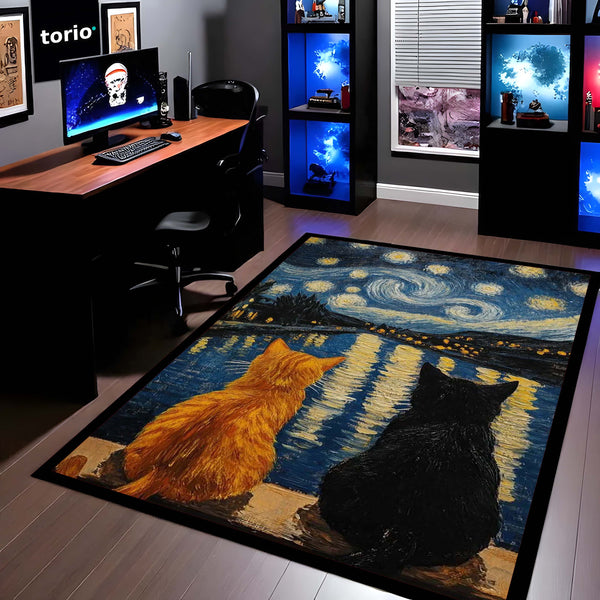 Starry Night Cats Area Rug | Van Gogh Inspired Cat Floor Mat | Aesthetic Art Rug for Bedroom, Living Room & Home Decor