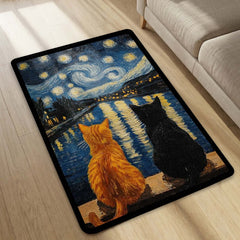 Starry Night Cats Area Rug | Van Gogh Inspired Cat Floor Mat | Aesthetic Art Rug for Bedroom, Living Room & Home Decor