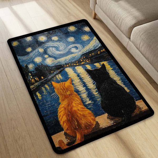 Starry Night Cats Area Rug | Van Gogh Inspired Cat Floor Mat | Aesthetic Art Rug for Bedroom, Living Room & Home Decor