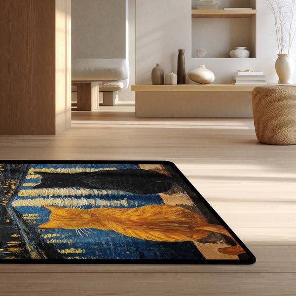 Starry Night Cats Area Rug | Van Gogh Inspired Cat Floor Mat | Aesthetic Art Rug for Bedroom, Living Room & Home Decor