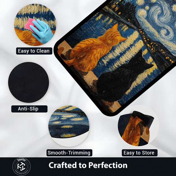 Starry Night Cats Area Rug | Van Gogh Inspired Cat Floor Mat | Aesthetic Art Rug for Bedroom, Living Room & Home Decor