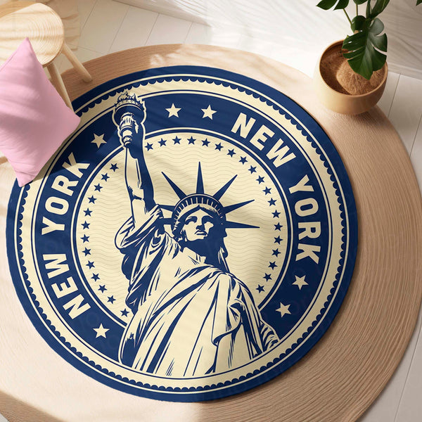 Statue of Liberty New York Round Rug | Vintage NYC Landmark Floor Mat | Anti-Slip 3 mm Absorbent Circle Rug for Living Room, Bedroom & Travel Lovers