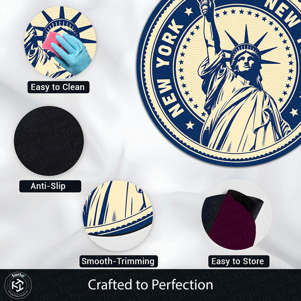 Statue of Liberty New York Round Rug | Vintage NYC Landmark Floor Mat | Anti-Slip 3 mm Absorbent Circle Rug for Living Room, Bedroom & Travel Lovers