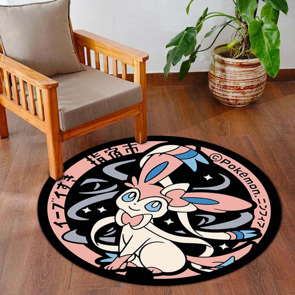 Pokémon Sylveon Round Rug | Cute Fairy Pokémon Floor Mat | Anti-Slip 3 mm Absorbent Circle Rug for Bedroom, Gaming Room & Anime Fans