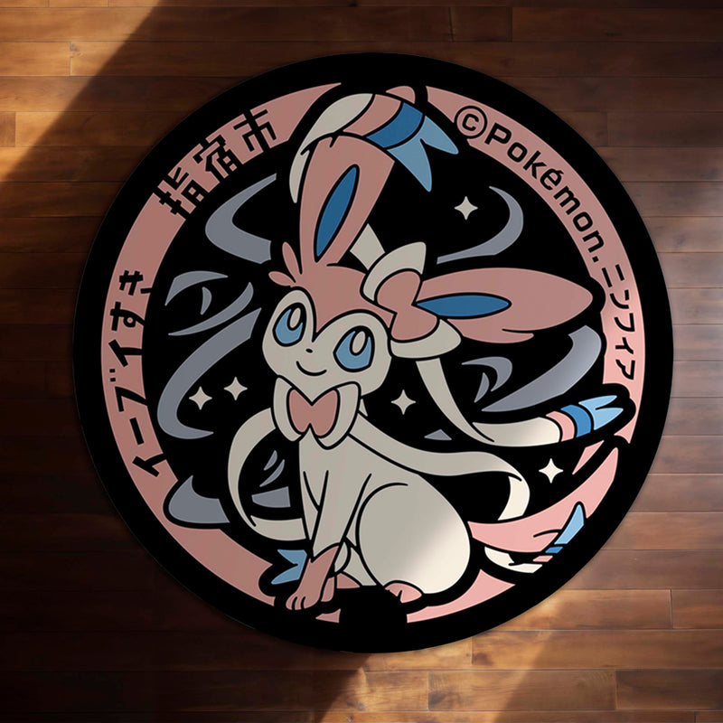 Pokémon Sylveon Round Rug | Cute Fairy Pokémon Floor Mat | Anti-Slip 3 mm Absorbent Circle Rug for Bedroom, Gaming Room & Anime Fans