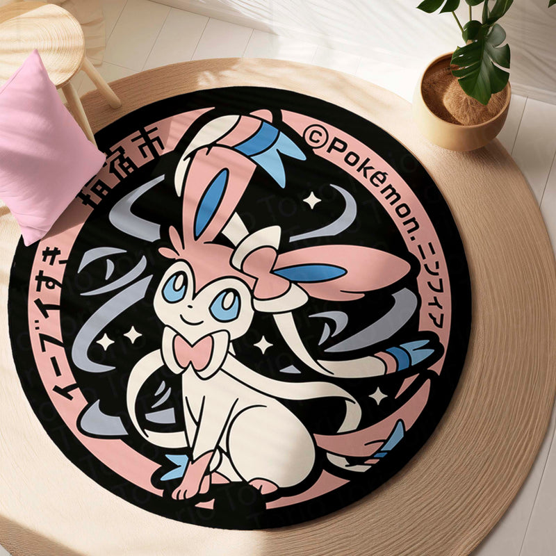 Pokémon Sylveon Round Rug | Cute Fairy Pokémon Floor Mat | Anti-Slip 3 mm Absorbent Circle Rug for Bedroom, Gaming Room & Anime Fans