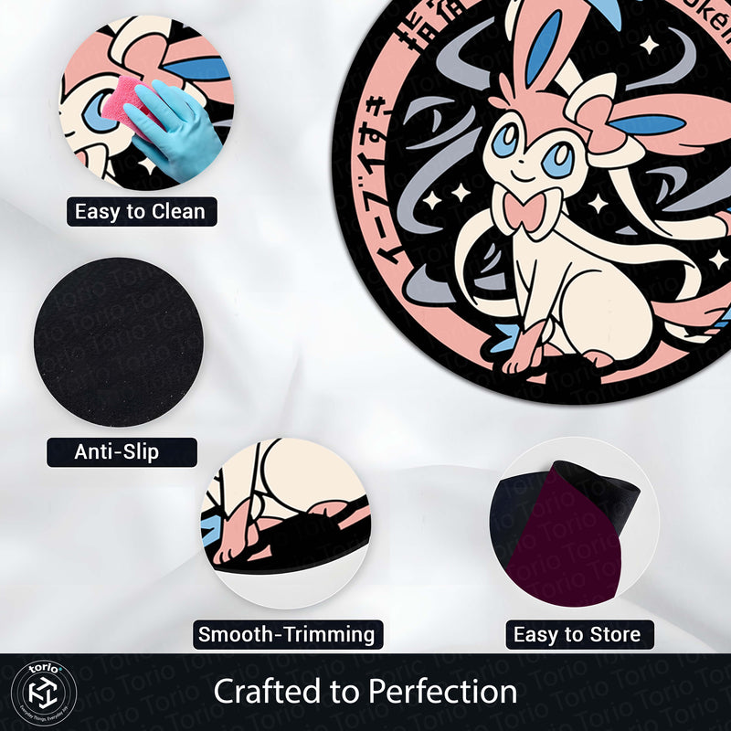 Pokémon Sylveon Round Rug | Cute Fairy Pokémon Floor Mat | Anti-Slip 3 mm Absorbent Circle Rug for Bedroom, Gaming Room & Anime Fans