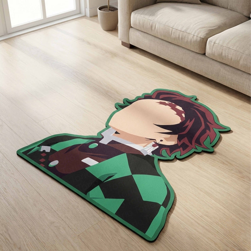 Tanjiro Kamado Inspired Anime Floor Mat (3 mm Thick) | Green Checkered Slayer Art for Anime Rooms, Gaming Setup & Otaku Decor