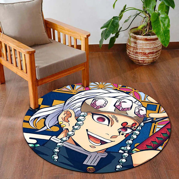 Demon Slayer Tengen Uzui Round Rug | Sound Hashira Anime Floor Mat | Anti-Slip 3 mm Absorbent Circle Rug for Bedroom, Gaming Room & Anime Fans