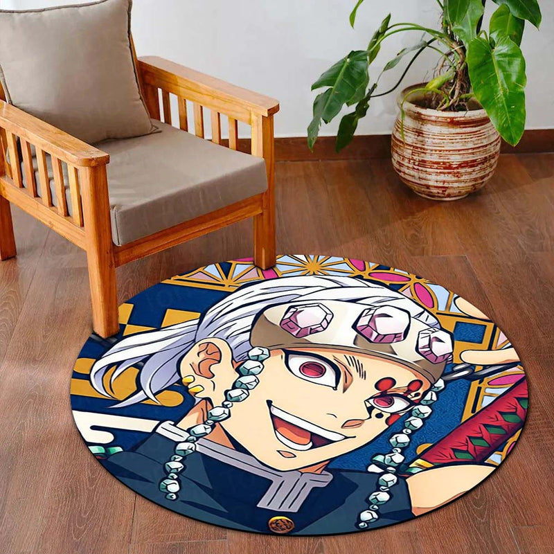 Demon Slayer Tengen Uzui Round Rug | Sound Hashira Anime Floor Mat | Anti-Slip 3 mm Absorbent Circle Rug for Bedroom, Gaming Room & Anime Fans