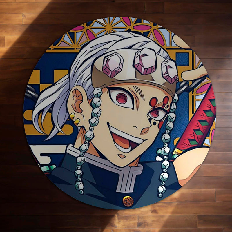 Demon Slayer Tengen Uzui Round Rug | Sound Hashira Anime Floor Mat | Anti-Slip 3 mm Absorbent Circle Rug for Bedroom, Gaming Room & Anime Fans