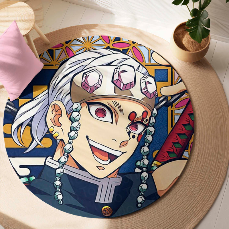 Demon Slayer Tengen Uzui Round Rug | Sound Hashira Anime Floor Mat | Anti-Slip 3 mm Absorbent Circle Rug for Bedroom, Gaming Room & Anime Fans