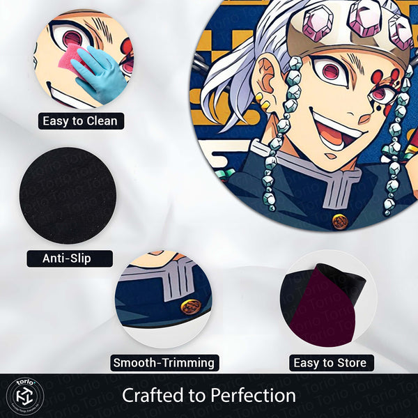 Demon Slayer Tengen Uzui Round Rug | Sound Hashira Anime Floor Mat | Anti-Slip 3 mm Absorbent Circle Rug for Bedroom, Gaming Room & Anime Fans