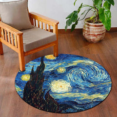 The Starry Night Round Rug | Vincent van Gogh Inspired Circle Floor Mat | Anti-Slip 3 mm Absorbent Rug for Bedroom, Living Room & Art Decor