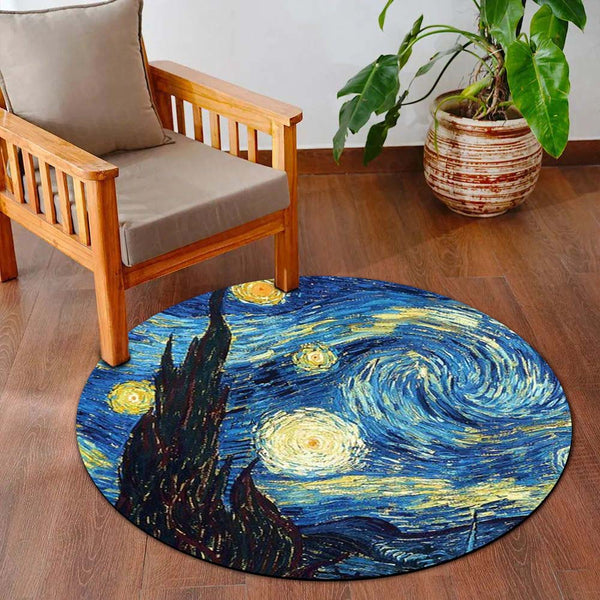 The Starry Night Round Rug | Vincent van Gogh Inspired Circle Floor Mat | Anti-Slip 3 mm Absorbent Rug for Bedroom, Living Room & Art Decor