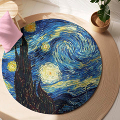 The Starry Night Round Rug | Vincent van Gogh Inspired Circle Floor Mat | Anti-Slip 3 mm Absorbent Rug for Bedroom, Living Room & Art Decor
