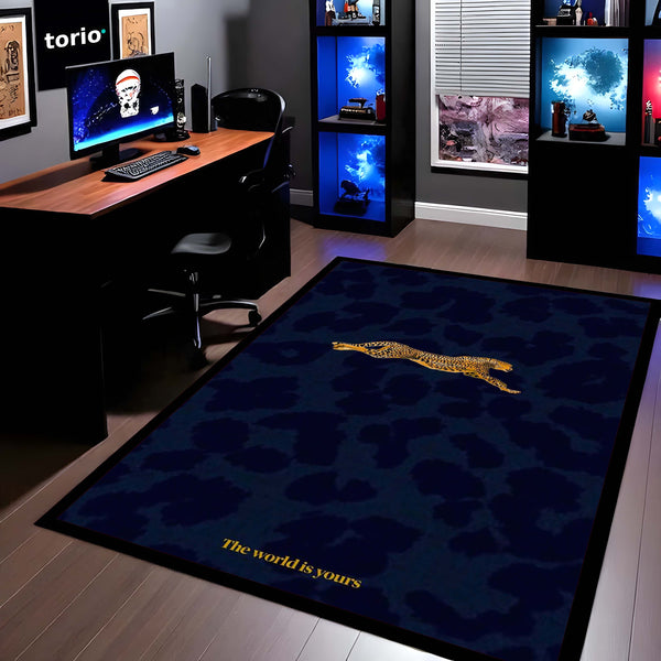 Luxury Leopard Area Rug | Minimal Animal Design Floor Mat | Aesthetic Blue Rug for Bedroom, Living Room & Modern Home Decor