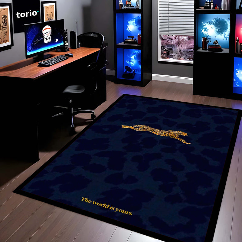 Luxury Leopard Area Rug | Minimal Animal Design Floor Mat | Aesthetic Blue Rug for Bedroom, Living Room & Modern Home Decor