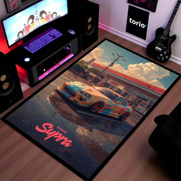 Toyota Supra MK4 JDM Area Rug | Street Racing Sports Car Floor Mat | Retro Gas Station Automotive Gaming Rug for Bedroom, Garage & Car Enthusiasts