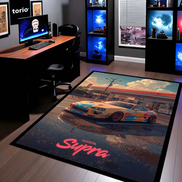Toyota Supra MK4 JDM Area Rug | Street Racing Sports Car Floor Mat | Retro Gas Station Automotive Gaming Rug for Bedroom, Garage & Car Enthusiasts