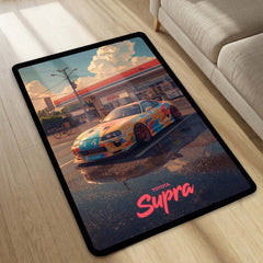 Toyota Supra MK4 JDM Area Rug | Street Racing Sports Car Floor Mat | Retro Gas Station Automotive Gaming Rug for Bedroom, Garage & Car Enthusiasts