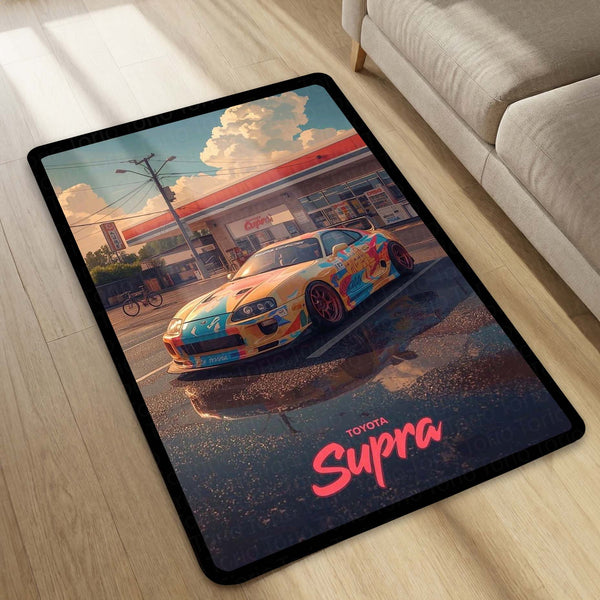 Toyota Supra MK4 JDM Area Rug | Street Racing Sports Car Floor Mat | Retro Gas Station Automotive Gaming Rug for Bedroom, Garage & Car Enthusiasts