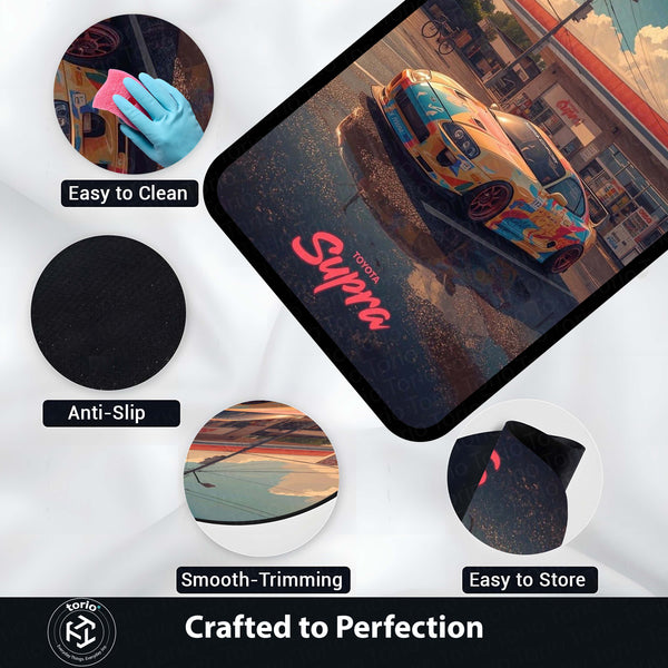 Toyota Supra MK4 JDM Area Rug | Street Racing Sports Car Floor Mat | Retro Gas Station Automotive Gaming Rug for Bedroom, Garage & Car Enthusiasts
