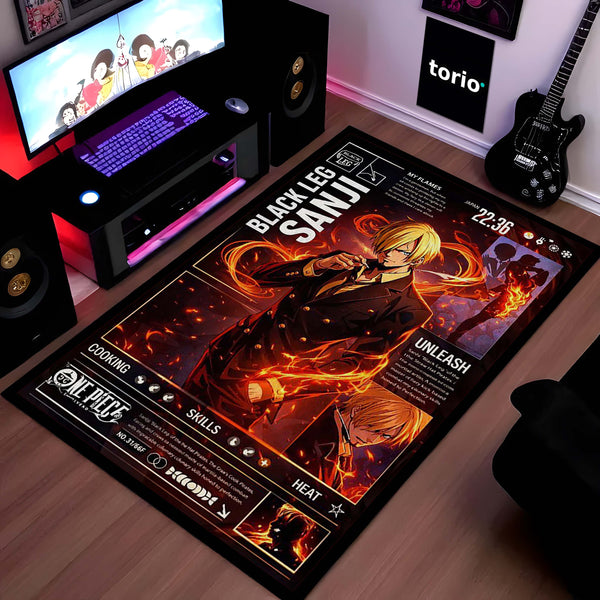 Black Leg Sanji Anime Area Rug | Fire Power Character Floor Mat | One Piece Inspired Gaming Rug for Bedroom, Otaku Room & Anime Setup Decor