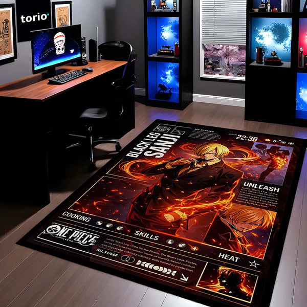 Black Leg Sanji Anime Area Rug | Fire Power Character Floor Mat | One Piece Inspired Gaming Rug for Bedroom, Otaku Room & Anime Setup Decor