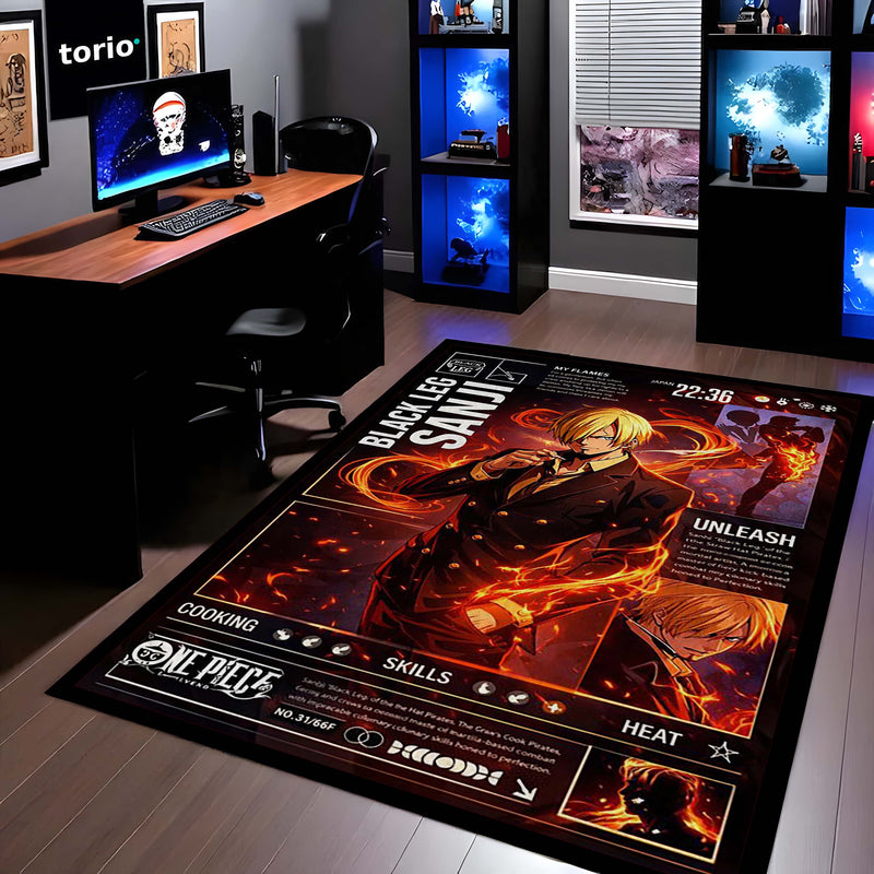 Black Leg Sanji Anime Area Rug | Fire Power Character Floor Mat | One Piece Inspired Gaming Rug for Bedroom, Otaku Room & Anime Setup Decor