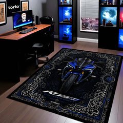 Yamaha R15M Area Flat Rug | Blue Carbon Circuit Luxury Sportbike Rug for Living Room, Gaming Room & Motorcycle Decor