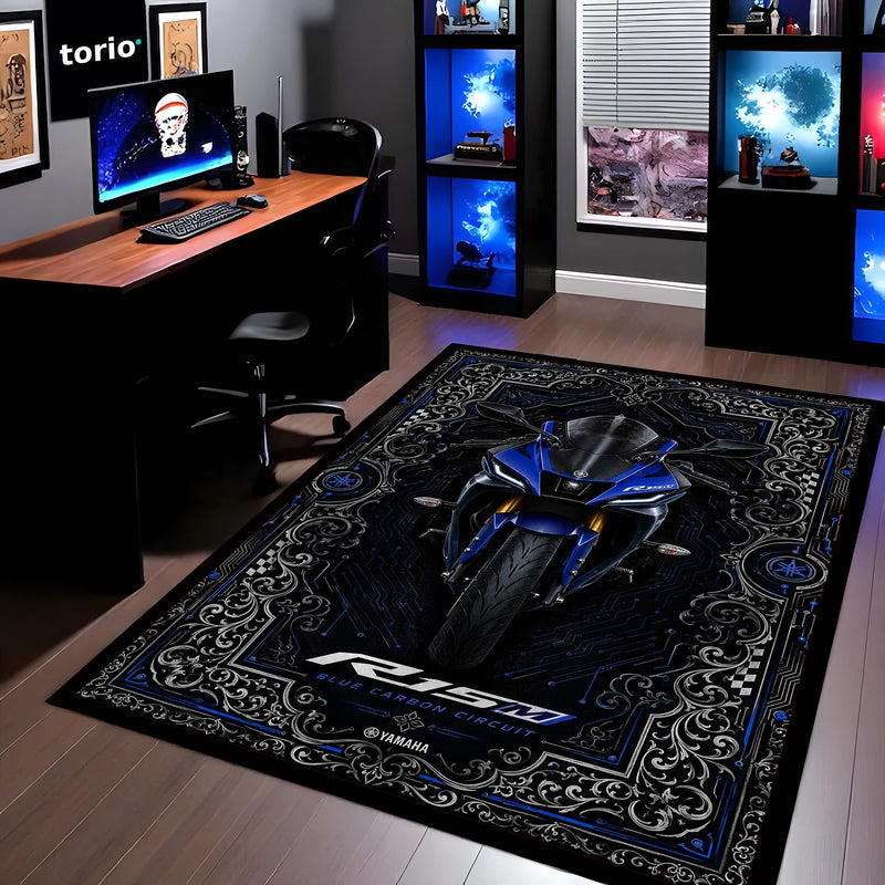 Yamaha R15M Area Flat Rug | Blue Carbon Circuit Luxury Sportbike Rug for Living Room, Gaming Room & Motorcycle Decor