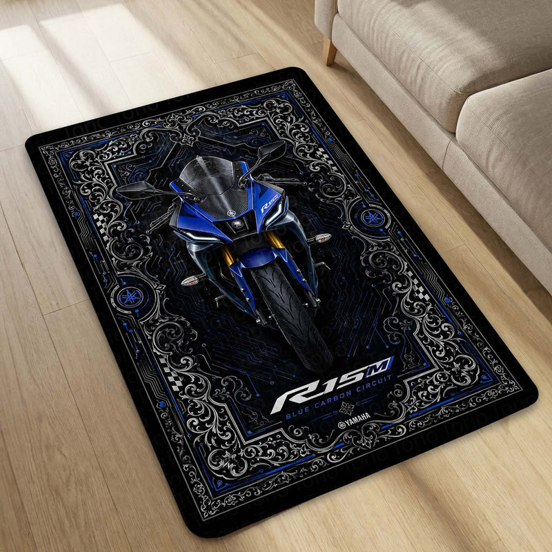 Yamaha R15M Area Flat Rug | Blue Carbon Circuit Luxury Sportbike Rug for Living Room, Gaming Room & Motorcycle Decor