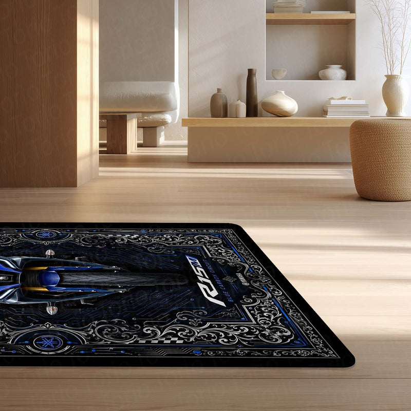 Yamaha R15M Area Flat Rug | Blue Carbon Circuit Luxury Sportbike Rug for Living Room, Gaming Room & Motorcycle Decor
