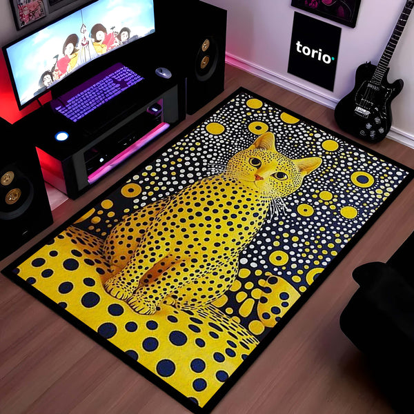 Yellow Polka Dot Cat Area Rug | Abstract Pop Art Animal Floor Mat | Aesthetic Designer Rug for Bedroom, Living Room, Gaming Setup & Modern Home Decor