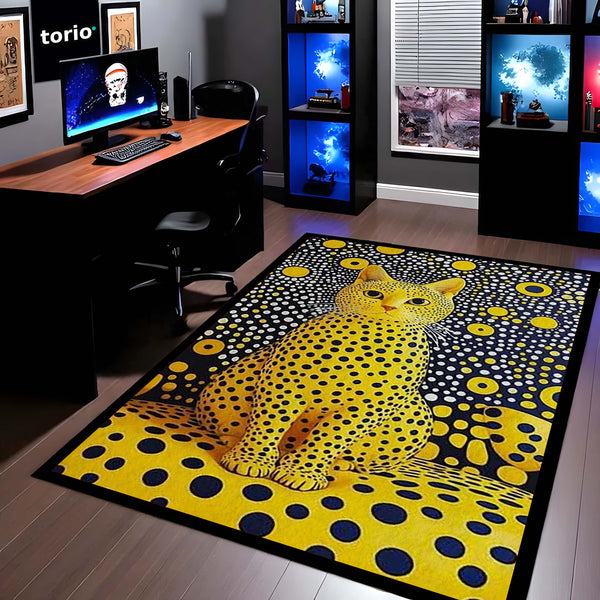Yellow Polka Dot Cat Area Rug | Abstract Pop Art Animal Floor Mat | Aesthetic Designer Rug for Bedroom, Living Room, Gaming Setup & Modern Home Decor