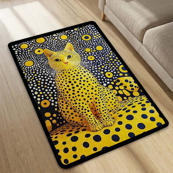 Yellow Polka Dot Cat Area Rug | Abstract Pop Art Animal Floor Mat | Aesthetic Designer Rug for Bedroom, Living Room, Gaming Setup & Modern Home Decor