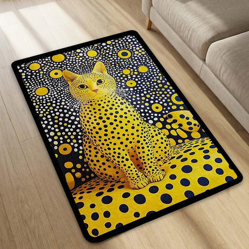 Yellow Polka Dot Cat Area Rug | Abstract Pop Art Animal Floor Mat | Aesthetic Designer Rug for Bedroom, Living Room, Gaming Setup & Modern Home Decor