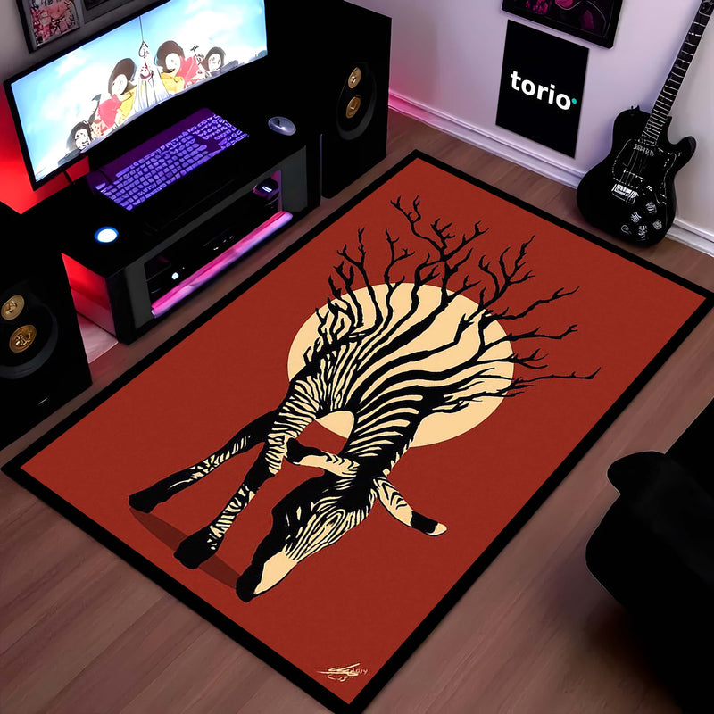 Zebra-Tree Abstract Art Area Rug | Monochrome Nature-Inspired Floor Mat | Artistic Black & White Wildlife Rug for Living Room, Study & Modern Decor