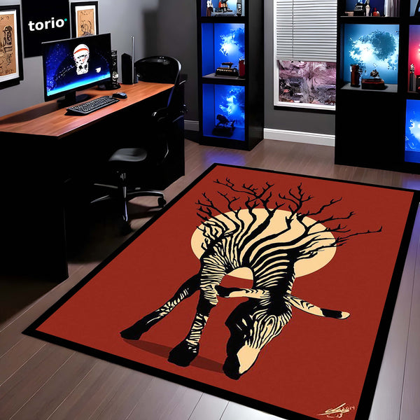 Zebra-Tree Abstract Art Area Rug | Monochrome Nature-Inspired Floor Mat | Artistic Black & White Wildlife Rug for Living Room, Study & Modern Decor