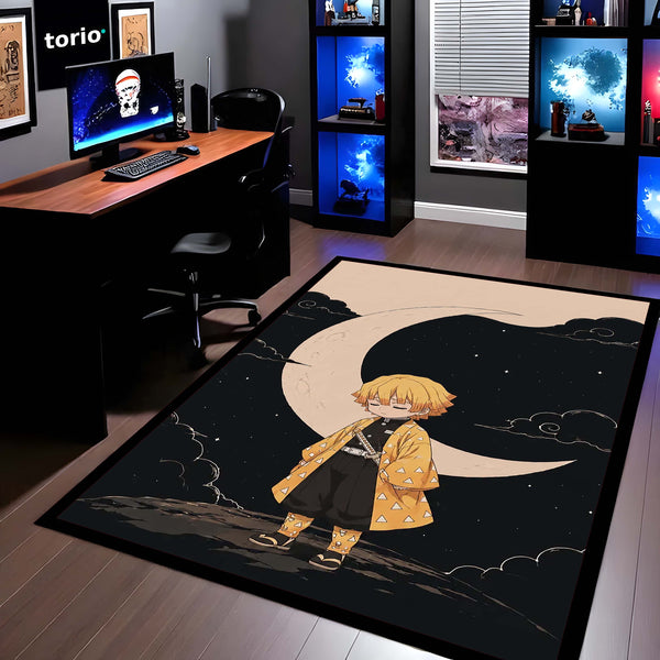 Zenitsu Agatsuma Demon Slayer Area Flat Rug | Thunder Hashira Style Moonlit Anime Area Flat Rug | Premium Anime Bedroom & Gaming Room Floor Decor