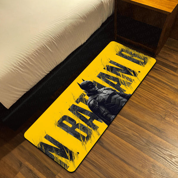 Batman Superhero Bedside Runner Flat Rug | Dark Knight Yellow Bedroom Runner for DC Fan Room Decor